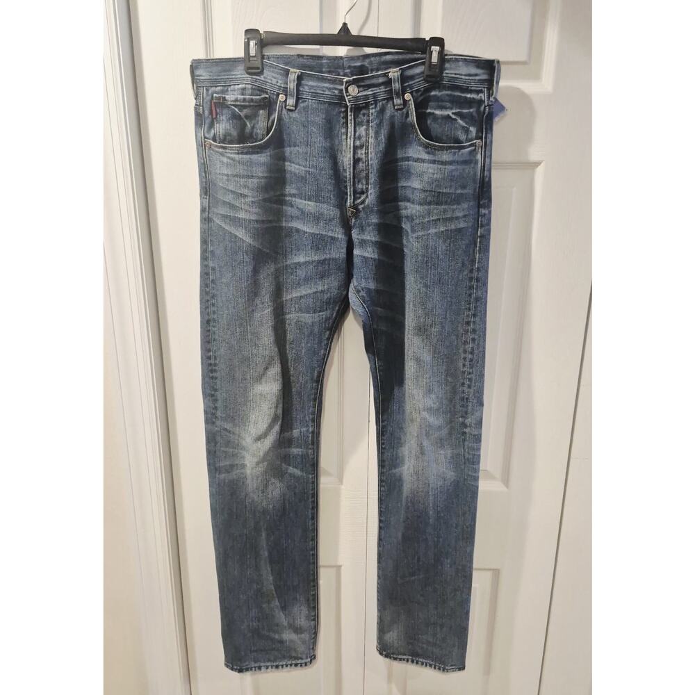 PS by Paul Smith Jeans Mens 36x34 Straight Blue Distressed Denim Button Fly